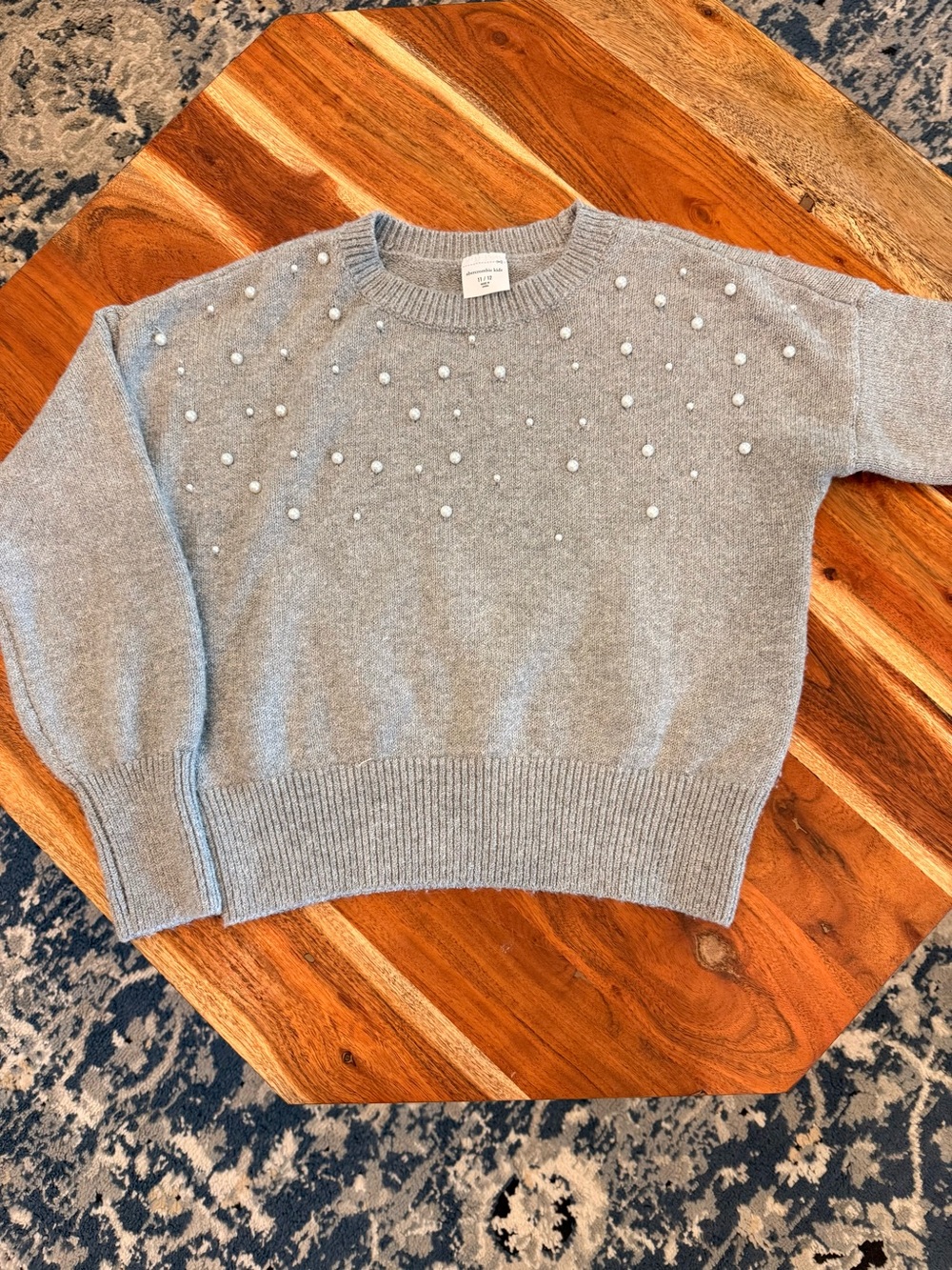 abercrombie kids girls Light Gray Pearl-Embellished Crewneck Sweater